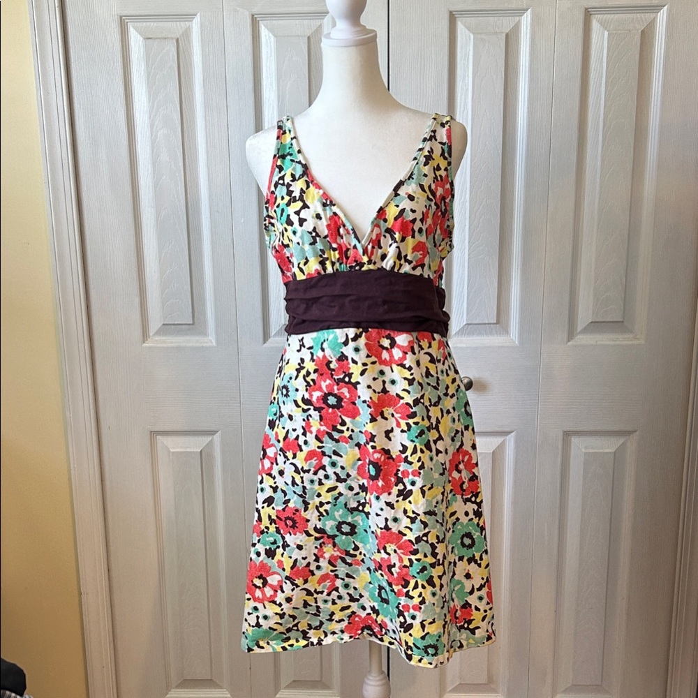 Patagonia Cream Floral V-Neck Mini Dress with Brown Waistband